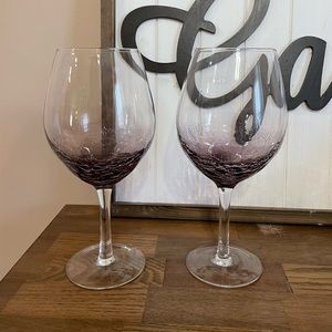 Pier 1 Amethyst Purple Crackle Bottom Balloon Wine Glasses- 8 3/4” Tall Set of 2